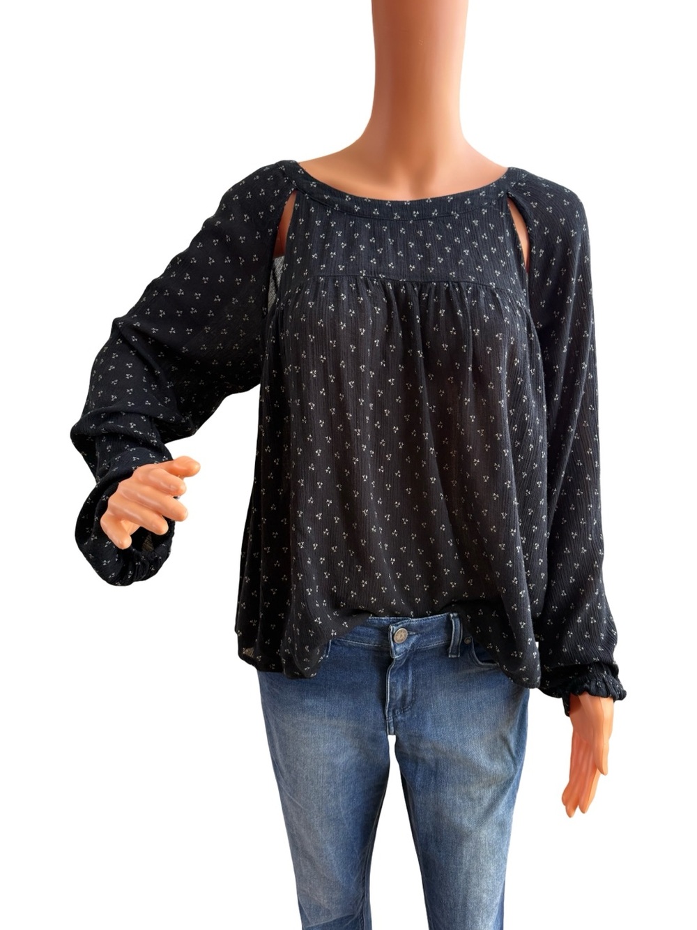 Ralph Lauren Black Ditsy-Print Long Sleeve Cutout Blouse